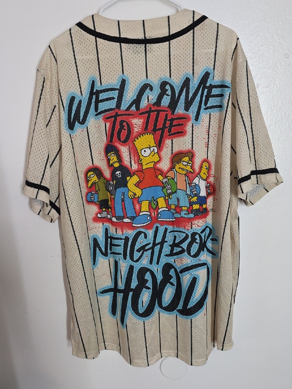 The Simpsons 'Trouble Maker' Mens Size 4×  Beige Pinstripe Baseball Jersey Guc